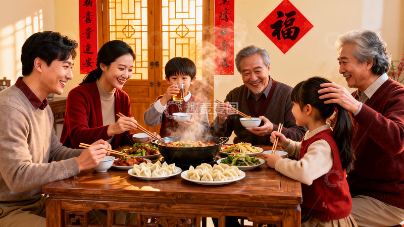 高清大图下载【趣麦麦图】三代同堂家庭聚餐其乐融融