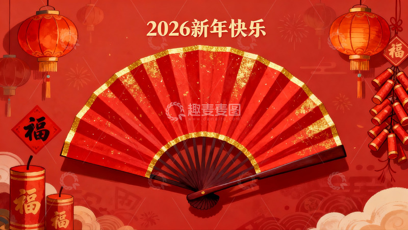 高清大图下载【趣麦麦图】新年红色扇子灯笼装饰图