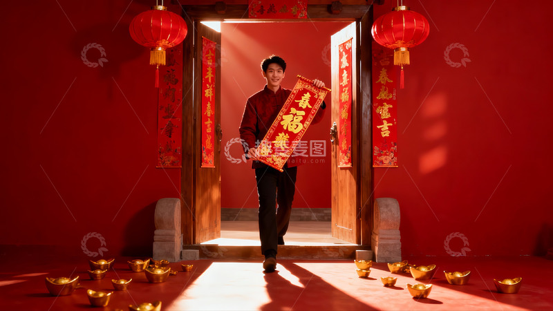 高清大图下载【趣麦麦图】男子手持春联行于红色门庭