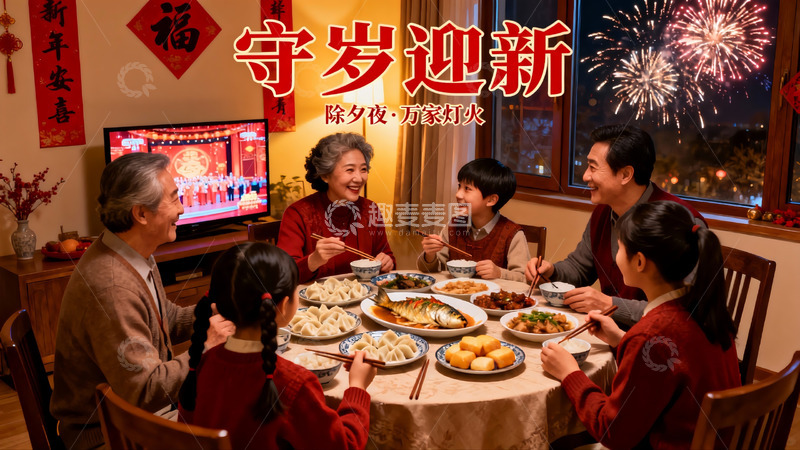 高清大图下载【趣麦麦图】除夕夜家人团聚吃年夜饭