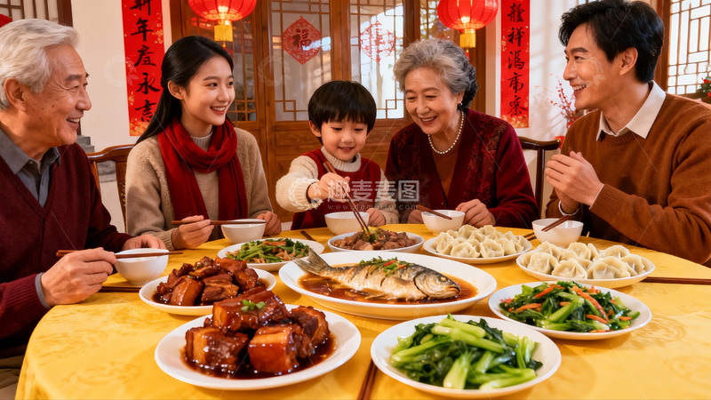高清大图下载【趣麦麦图】三代同堂年夜饭其乐融融