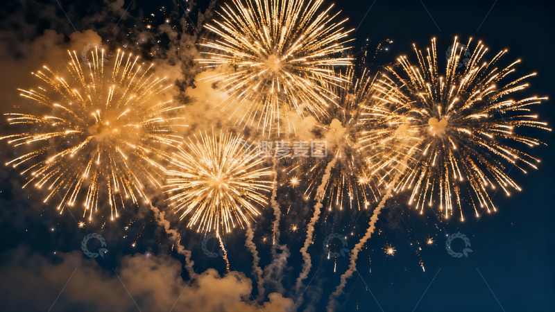 高清大图下载【趣麦麦图】夜空中绽放的金色烟花盛宴