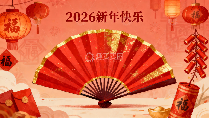高清大图下载【趣麦麦图】2026新年红色扇子灯笼装饰