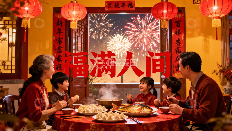 高清大图下载【趣麦麦图】春节家庭聚餐欢庆烟火