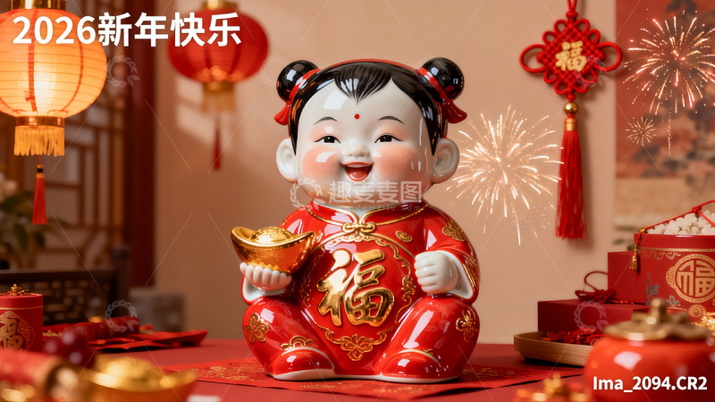 高清大图下载【趣麦麦图】新年陶瓷娃娃手持金元宝