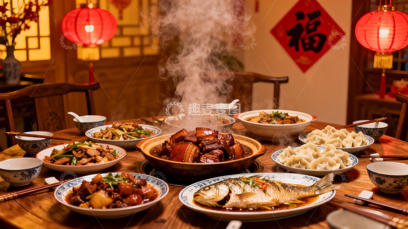 高清大图下载【趣麦麦图】中式年夜饭热气腾腾