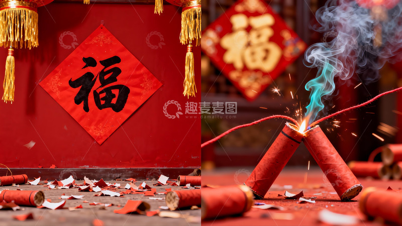 高清大图下载【趣麦麦图】春节鞭炮与福字装饰
