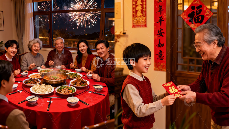 高清大图下载【趣麦麦图】家庭年夜饭与红包祝福