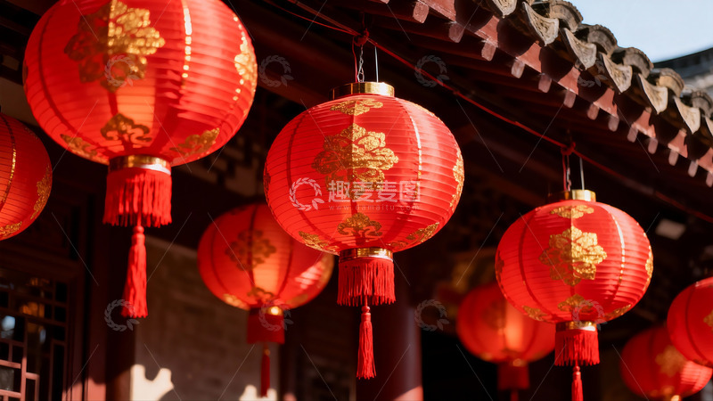 高清大图下载【趣麦麦图】红灯笼挂檐下迎新春