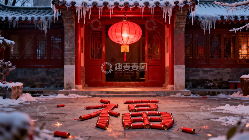 高清大图下载【趣麦麦图】雪中古建筑红灯笼与鞭炮