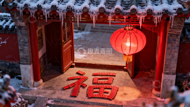高清大图下载【趣麦麦图】雪中古建筑门口挂红灯笼