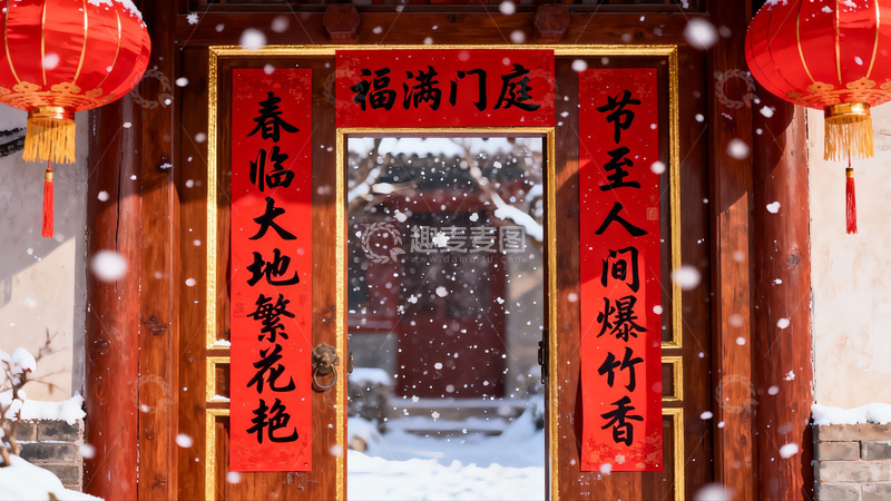 高清大图下载【趣麦麦图】雪中红门春联挂