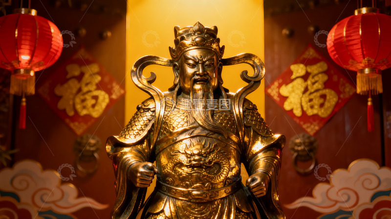 高清大图下载【趣麦麦图】金色神像与红色灯笼装饰