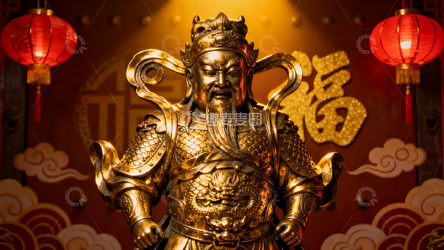 金色财神雕像与红灯笼装饰