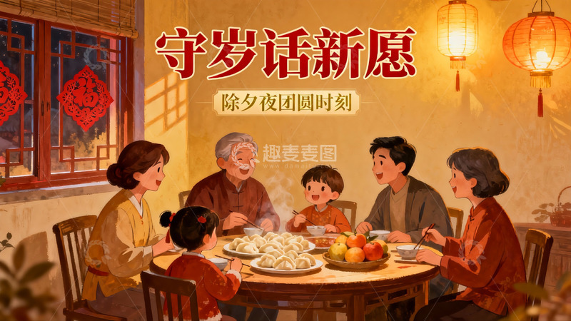 高清大图下载【趣麦麦图】除夕夜家人团聚吃饺子