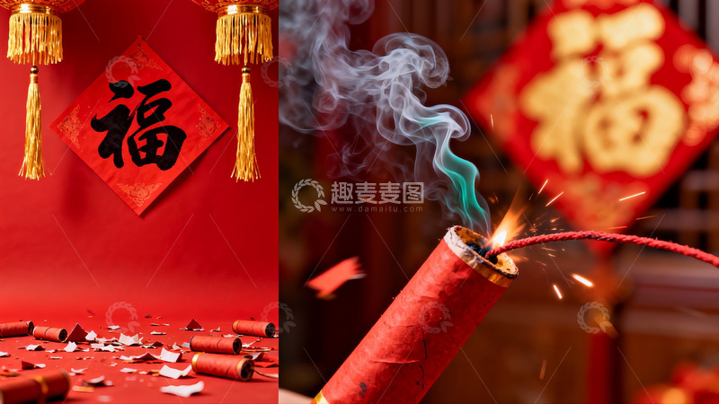 高清大图下载【趣麦麦图】春节鞭炮与福字装饰