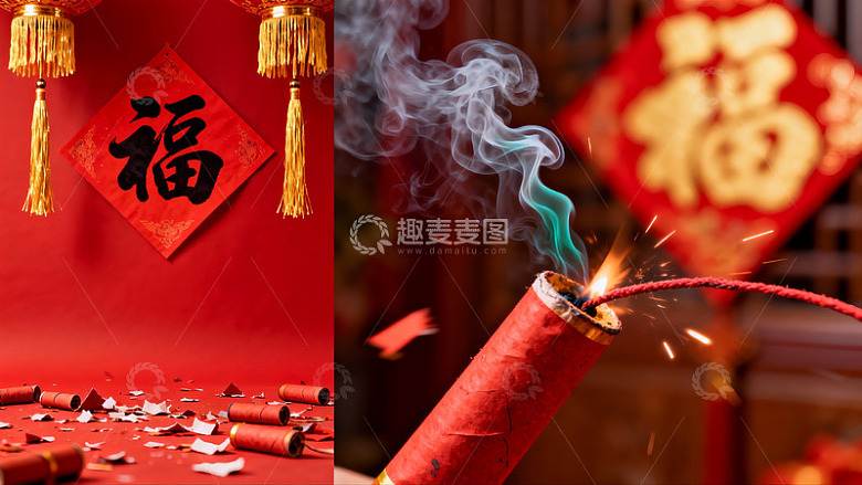 春节鞭炮与福字装饰