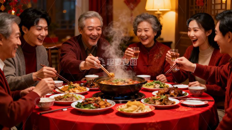 高清大图下载【趣麦麦图】家人围坐餐桌共享热气腾腾的年夜饭