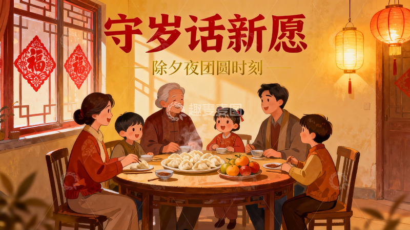 高清大图下载【趣麦麦图】除夕团圆夜家人围坐吃饺子