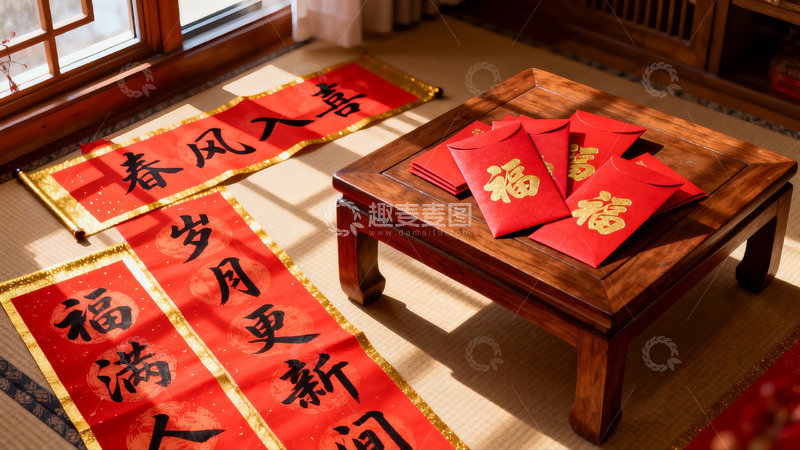 高清大图下载【趣麦麦图】春节室内装饰红纸与红包