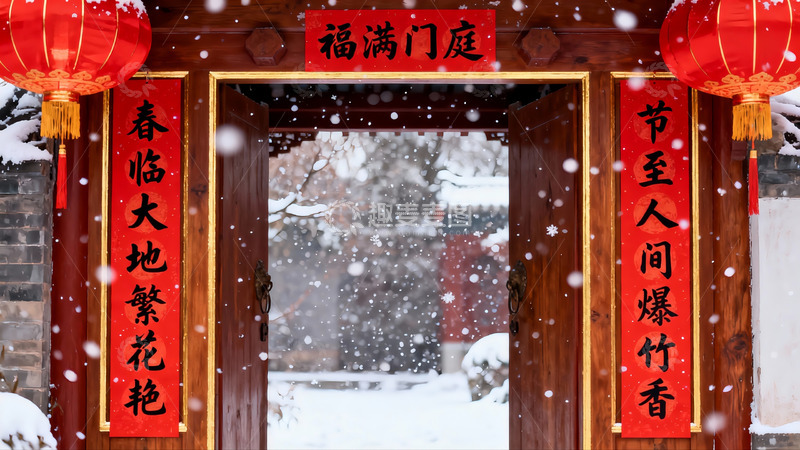 高清大图下载【趣麦麦图】雪中红灯笼门联迎新春