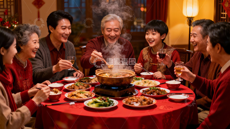 高清大图下载【趣麦麦图】家庭围坐火锅聚餐其乐融融