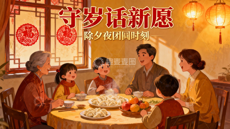 高清大图下载【趣麦麦图】除夕夜家人围坐吃饺子