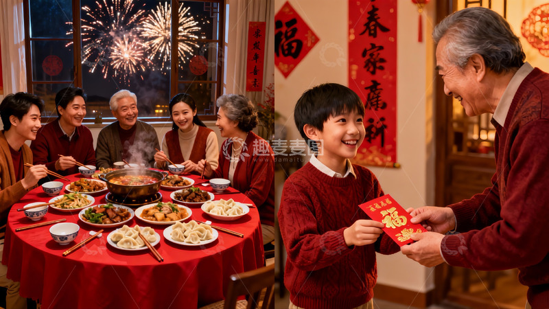 高清大图下载【趣麦麦图】春节家庭聚餐长辈发红包