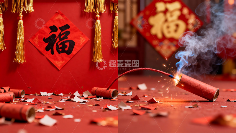 高清大图下载【趣麦麦图】春节鞭炮与福字装饰