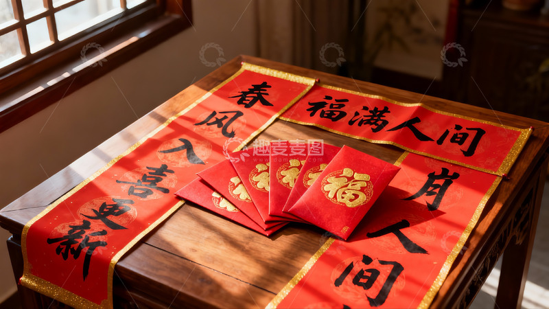高清大图下载【趣麦麦图】春节红纸春联红包摆件