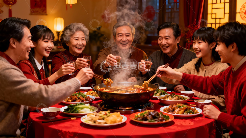 高清大图下载【趣麦麦图】家庭聚餐欢庆团圆时刻