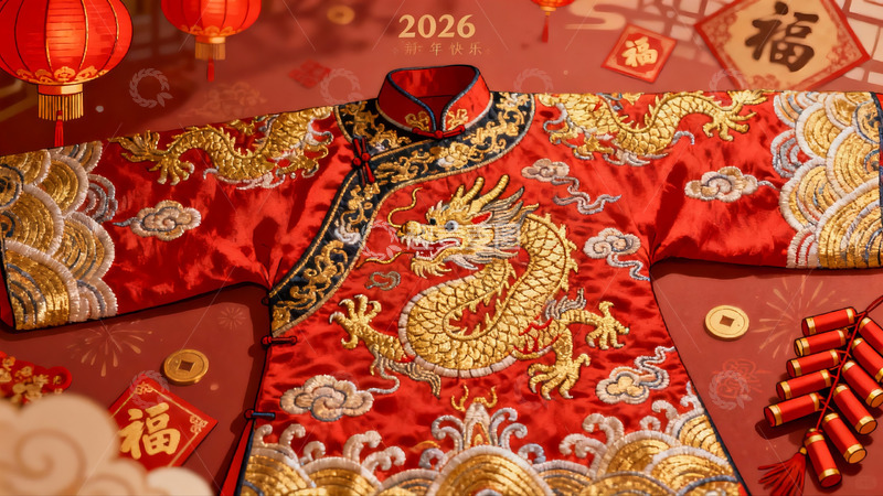 高清大图下载【趣麦麦图】红色龙纹服饰配新年装饰