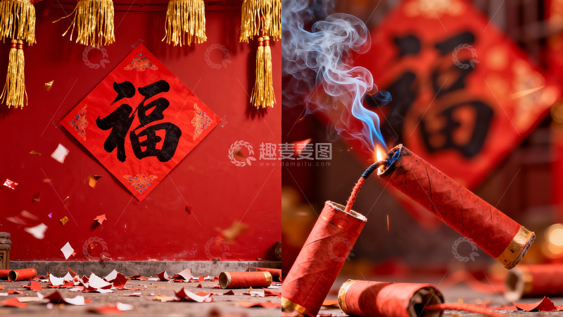 高清大图下载【趣麦麦图】春节鞭炮与福字装饰