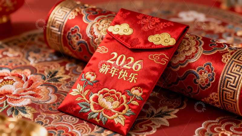 高清大图下载【趣麦麦图】红色新年红包与织锦装饰