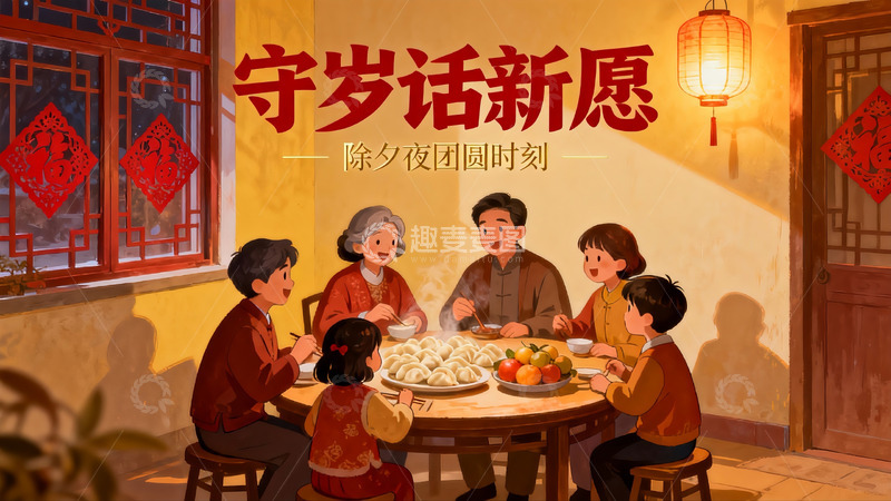 高清大图下载【趣麦麦图】除夕夜家人围坐吃饺子