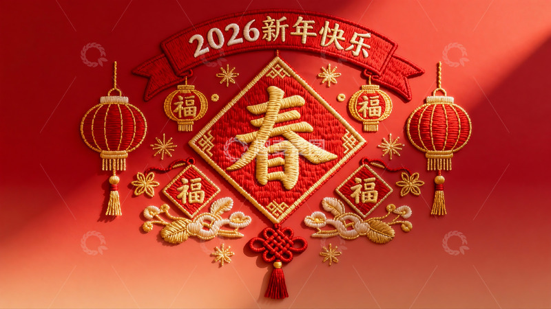 高清大图下载【趣麦麦图】2026新年快乐红色刺绣装饰