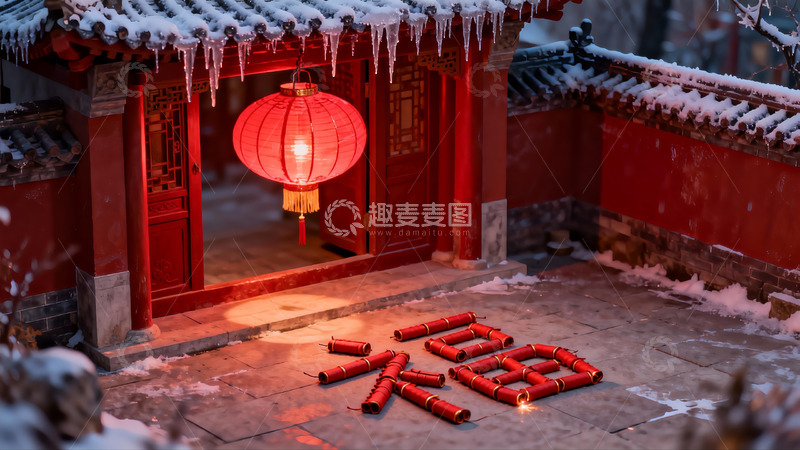 高清大图下载【趣麦麦图】雪中红灯笼古建筑庭院