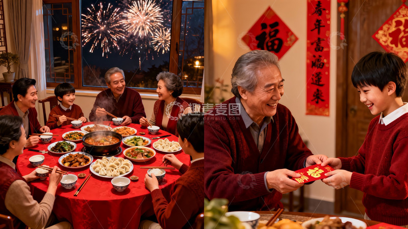 高清大图下载【趣麦麦图】家庭除夕夜团圆饭与红包场景