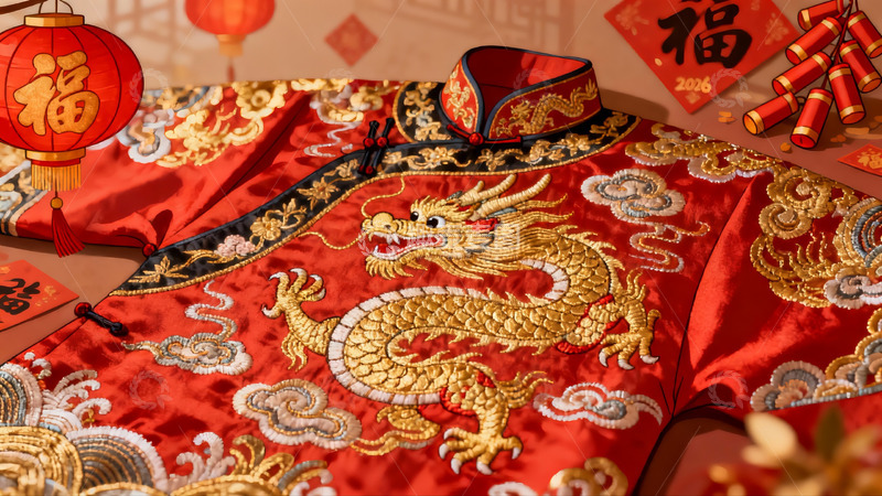 高清大图下载【趣麦麦图】红色龙纹服饰与新年装饰