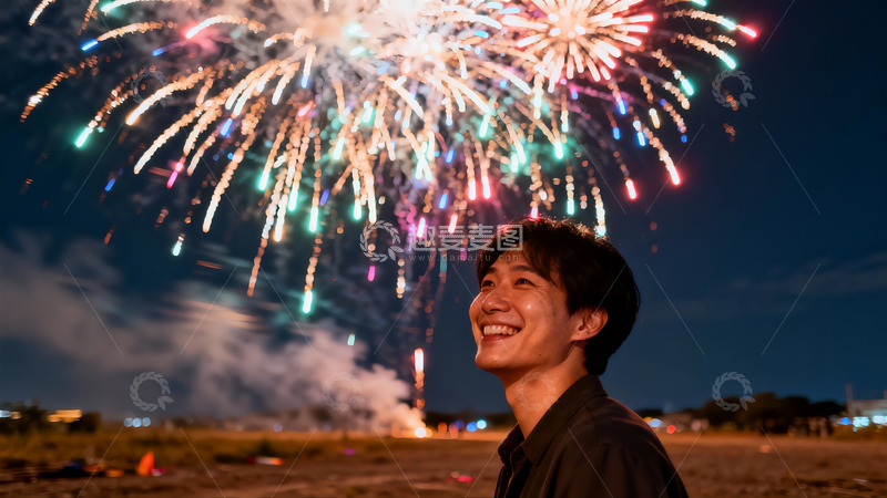 高清大图下载【趣麦麦图】男子仰望夜空烟花绽放