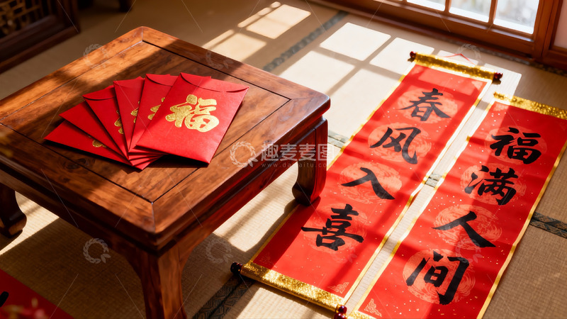 高清大图下载【趣麦麦图】春节室内装饰红纸春联红包
