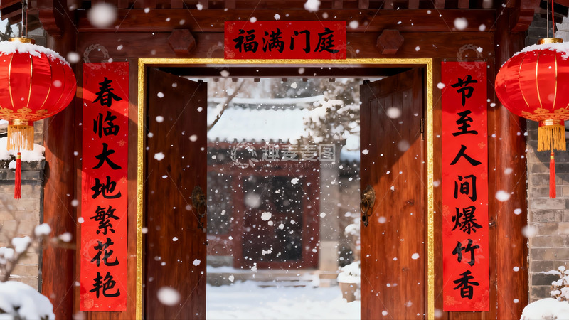 高清大图下载【趣麦麦图】雪中红灯笼古门迎新春