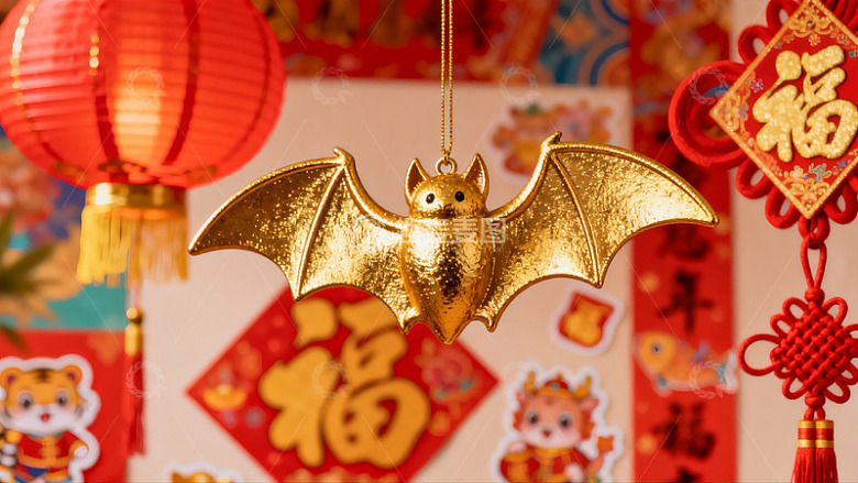 金色蝙蝠挂饰与红色灯笼新年装饰