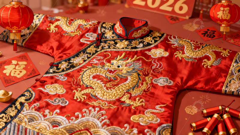 高清大图下载【趣麦麦图】红色龙纹服饰与新年装饰