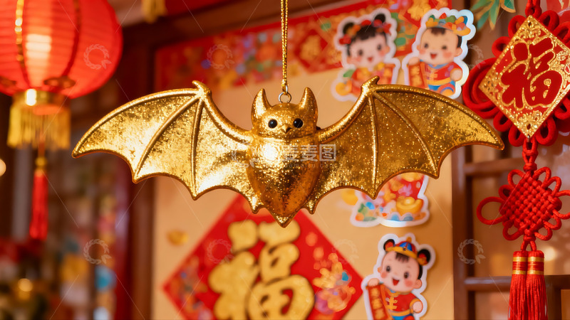 高清大图下载【趣麦麦图】金色蝙蝠挂饰与春节装饰