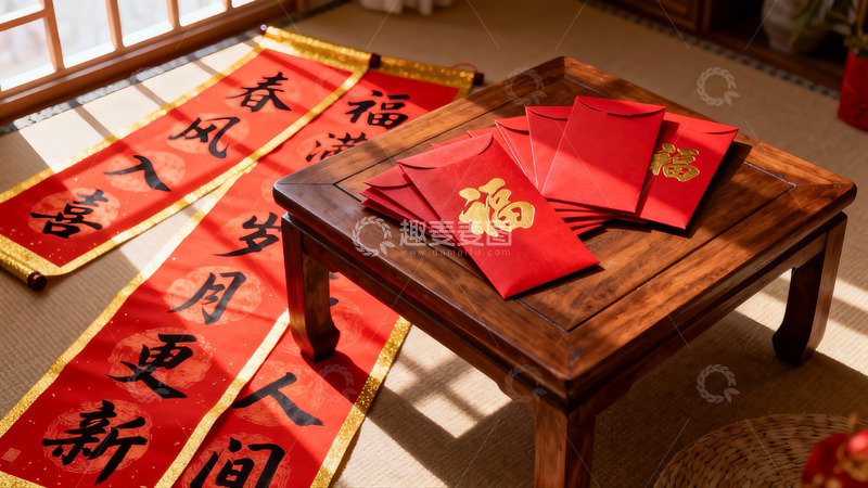 高清大图下载【趣麦麦图】春节室内装饰红纸与红包