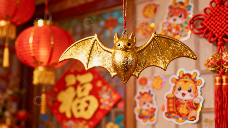 高清大图下载【趣麦麦图】金色蝙蝠挂饰与红色灯笼装饰