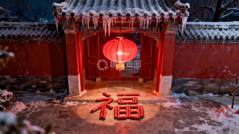 高清大图下载【趣麦麦图】雪夜古建筑红灯笼与鞭炮