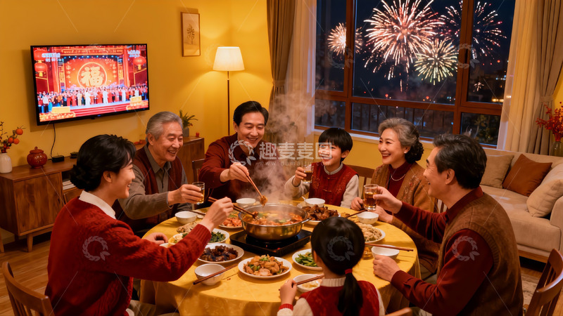 高清大图下载【趣麦麦图】家庭除夕夜聚餐 烟花窗外绽放