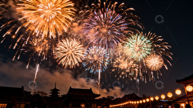 高清大图下载【趣麦麦图】夜空烟花绽放古建筑